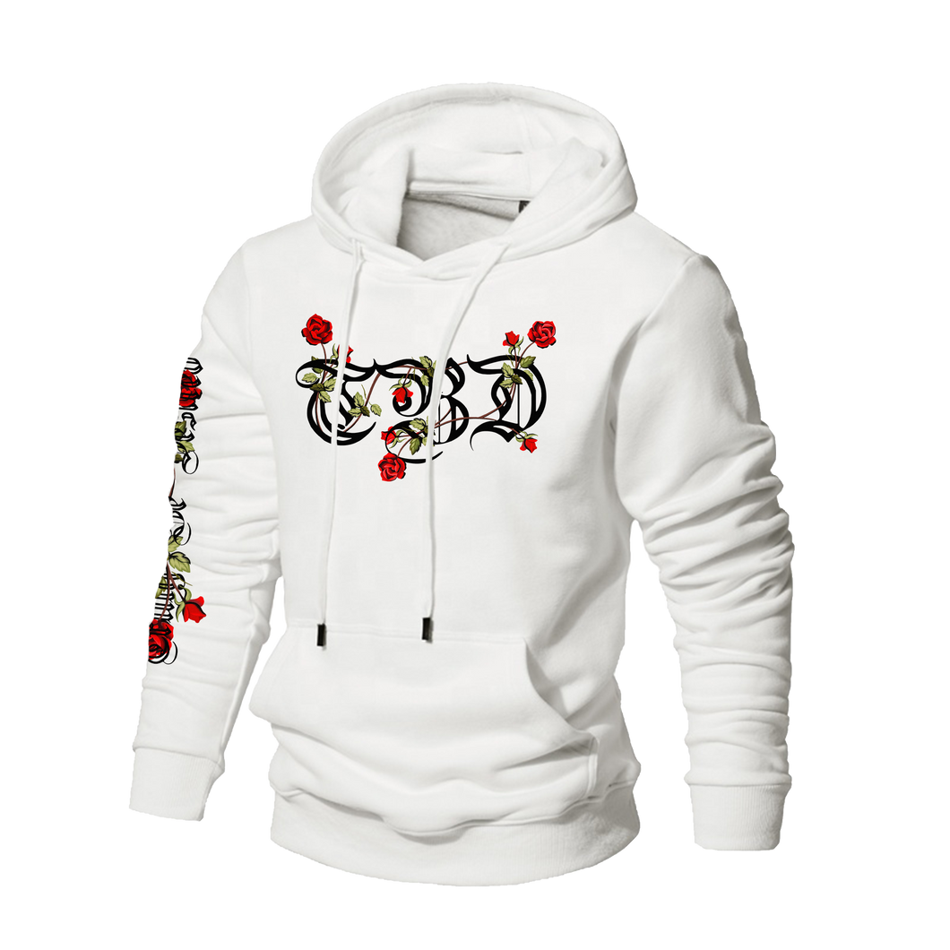 White hoodie with roses discount on sleeves mens